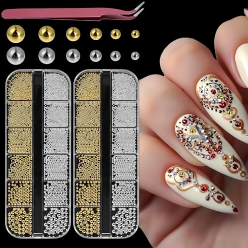 2 Box/12 Tabletts Nail Charms Gold Silber mit Rosa Pinzette, Nail Art Perlen Nail Art Strasssteine, Klein Edelstahl-Perlen, Nagelzubehör Strass Gemischt Verschiedene Größen, Kleine Edelstahlperlen von Psyqtsuary