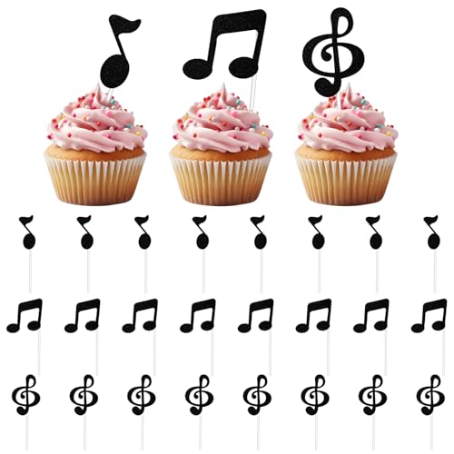 24 Stück Glitzer Schwarz Kuchen Deko, Musiknoten Ausschnitte Tortendeko, Cupcake-Topper Mit Musiknoten, Musikalisches Symbol Cupcake Topper, Musik Party Dekorationen Für Baby Shower von Psyqtsuary