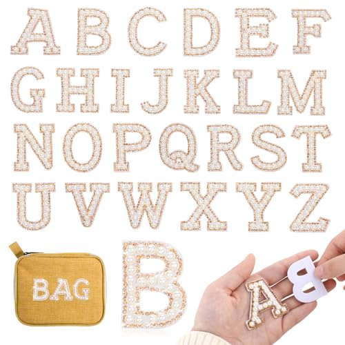 26 Stück Strass Perle Buchstaben Zum Aufbügeln, A-Z Strass Perle Glitzer Alphabet Patches Weiße Perle Strass Aufnäher Buchstaben Aufnähe Zum Aufbügeln Für DIY Rucksack Kleidung Schuhe Stoff von Psyqtsuary