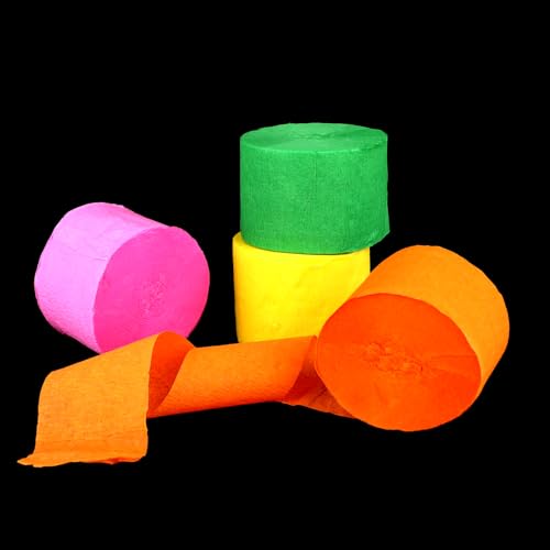 4 Rollen Krepppapier Bunt Leuchtendes Krepppapier Regenbogen Krepppapier Band Fluoreszierend Neon Papier Luftschlangen Party Kreppbänder DIY Papier Streamer für Neon Party Deko von Psyqtsuary