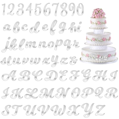 64 Stück Tortendeko Buchstaben Acryl und Zahlenaufsätze, Kuchendekorationen aus gespiegelten Zahlenbuchstaben, DIY-Cupcake-Aufsätze benutzerdefinierter Kuchenaufsatz silberne Kuchendekorationen von Psyqtsuary