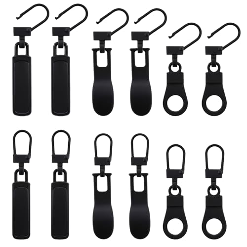 12 Stück Reißverschluss Anhänger Reißverschluss Zipper Schwarz Zipper für Reißverschluss Universal Reißverschluss Reparatur Set Ersatz Zipper für Reißverschlüsse für Jacken Rucksäcke Koffer, 3 Stile von Psyqtsuary