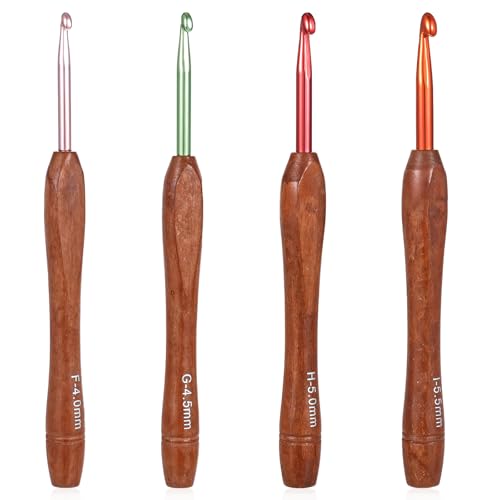 4 Stück Holzgriff Häkelnadel Set Ergonomische Häkelnadeln für Arthritische Hände 4.0-5.5mm Praktisch Leichte Starter Häkelnadeln mit Bunte Aluminium-Hakenkopf für Anfänger Profis Schal Socken von Ptwola