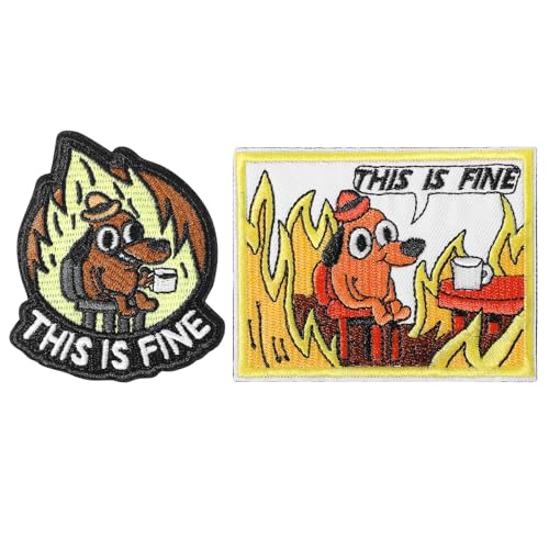 Ptwola 2 Stück Aufnäher mit Aufschrift "This is Fine Dog", bestickt, Militär, taktischer Aufnäher mit Klettverschluss, niedliche Cartoon-Hunde-Anime-Applikation für Kleidung, Geschirre, Jacken, Hüte von Ptwola