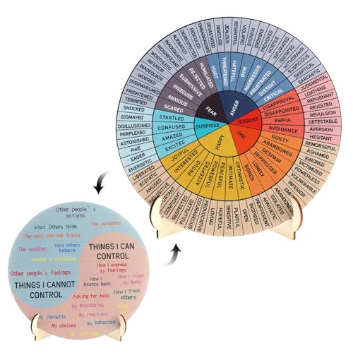 Ptwola Feelings Wheel Therapy Office Decor Double Sided Mental Health Desk Therapy Room Decor 15.0 cm Emotions Mood Chart with Wooden Stand Psychology Therapeuten Gifts for Women Man Home von Ptwola