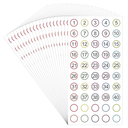 Ptwola Zahlenaufkleber 1–40 1000 Stück 20 Blatt Entfernbare Nummer Aufkleber Kleine Selbstklebende Farbige Aufkleber für Büro, Klassenzimmer, Organisation der Inventaraufbewahrung von Ptwola