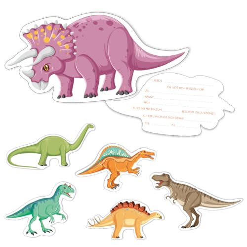 PuK Dinosaurier-Einladung Kinder | 12er Set mit 6 Motiven | Einladungskarten für Geburtstag, Einschulung, Dino-Party | Hochwertige, beschreibbare Karten für Jungen & Mädchen | Ideal zum Ausfüllen von PuK Krämmer GmbH