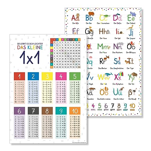 PuK Krämmer GmbH Poster Set „Kleines 1x1 + ABC“ DIN A2 | Lernposter für Kinder | Kinderzimmer Deko ABC 1x1 | schreiben rechnen lernen | Geschenk Kinder Geburtstag Einschulung (1x1 + ABC Set (DIN A2)) von PuK Krämmer GmbH