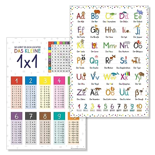 PuK Krämmer GmbH Poster Set „ABC + Kleines 1x1“ DIN A2 | Lernposter für Kinder | Kinderzimmer Deko ABC 1x1 | schreiben rechnen lernen | Geschenk Kinder Geburtstag Einschulung (ABC + 1x1 Set (DIN A2)) von PuK Krämmer GmbH