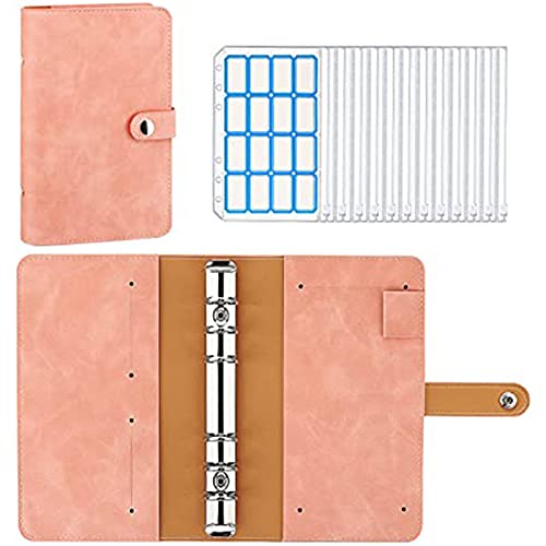 A6 Loseblatt notizbuch 6 Löcher Binder aus PU Leder,Budget Planner mit 12 klaren PVC Taschen und 16 Aufklebern Geldsparen Organizer Ringbuchordner für Karten Speicher, Bargeld Umschläge - Rosa von Pubiao