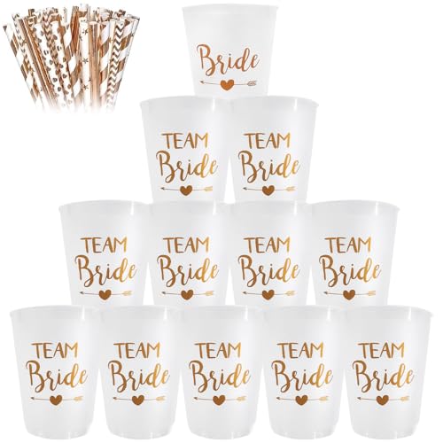 12 Stück Team Bride Becher mit 12 Strohhalme, JGA Becher Wiederverwendbar Team Bride Bachelorette Party Cup Bride Team Tassen Set für Bridal Shower Verlobungsfeier Junggesellenabschied von Puedno