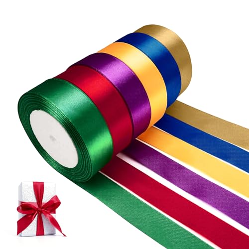 6 Farben Satinband Geschenkband 25mm x 22m, 6 Rollen Satinband Bänder, Schleifenband Stoffband Dekoband, Stoff Bänder zum Basteln Geschenk, Insgesamt 132M von Puedno