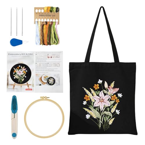 Puedno Stickerei-Tragetaschen-Set, Anfänger-Kreuzstich, Canvas-Tasche mit Blumenmuster, DIY-Stickerei-Tragetaschen-Set mit Anleitung (evtl. nicht in deutscher Sprache), Lilie von Puedno