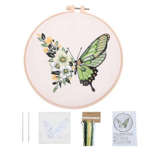 Schmetterling Blume Stickerei Kit für Anfänger, Kreuzstich DIY Bastelset, Anfänger Stickerei Kit, Handstickerei Kit mit 2 Nadel 10 Faden, 1 Stickkreis und Anleitung, Grün von Puedno