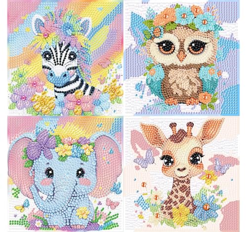 4er Set 5D Diamond Painting Kinder Tiere-Set Full Diamant Painting Bilder Kinder Tiere,DIY Mosaikherstellung Basteln Mädchen Junge 6 7 8 9 10 11 12 Jahre,Geschenk Kinder Ab 6 Jahre 15x15cm von Pujeknm