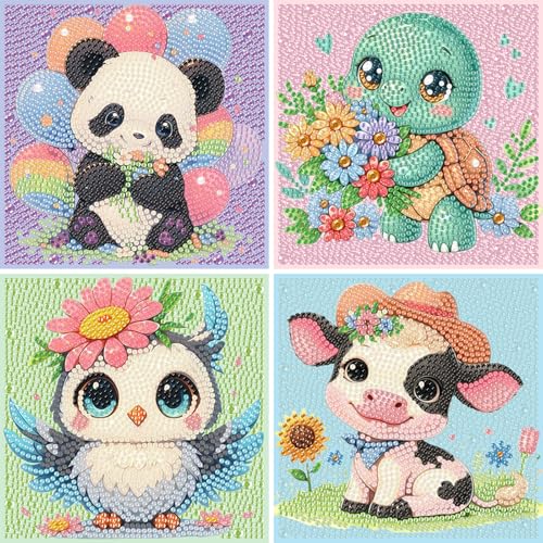 4er Set 5D Diamond Painting Kinder Tiere-Set Full Diamant Painting Bilder Kinder Tiere,DIY Mosaikherstellung Basteln Mädchen Junge 6 7 8 9 10 11 12 Jahre,Geschenk Kinder Ab 6 Jahre 15x15cm von Pujeknm