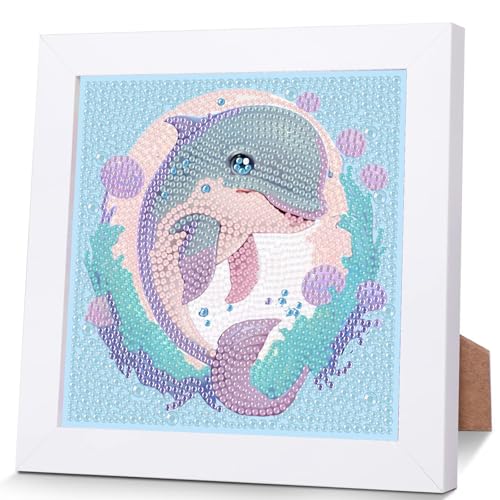 Delphin Diamond Painting Kinder Mit Holzrahmen,Set Full Diamant Painting Bilder Kinder Tiere,5D Diamond Painting Kinder Mädchen,DIY Mosaikherstellung Arts Craft für Home Wand Decor 18x18cm von Pujeknm