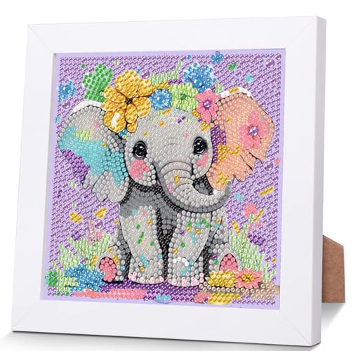 Elefant Diamond Painting Kinder Mit Holzrahmen,Set Full Diamant Painting Bilder Kinder Tiere,5D Diamond Painting Kinder Mädchen,DIY Mosaikherstellung Arts Craft für Home Wand Decor 18x18cm von Pujeknm