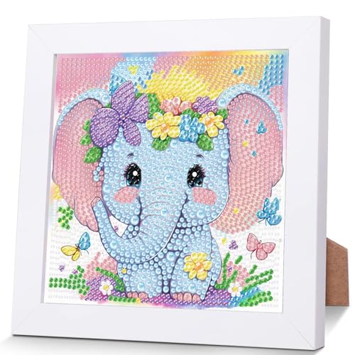 Elefant Diamond Painting Kinder Mit Holzrahmen,Set Full Diamant Painting Bilder Kinder Tiere,5D Diamond Painting Kinder Mädchen,DIY Mosaikherstellung Arts Craft für Home Wand Decor 18x18cm von Pujeknm