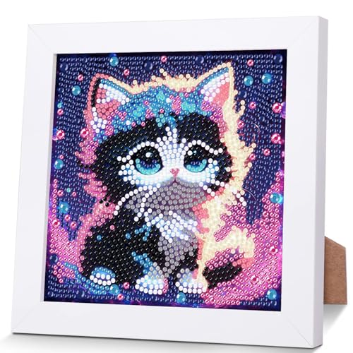 Katze Diamond Painting Kinder Mit Holzrahmen,Set Full Diamant Painting Bilder Kinder Tiere,5D Diamond Painting Kinder Mädchen,DIY Mosaikherstellung Arts Craft für Home Wand Decor 18x18cm von Pujeknm