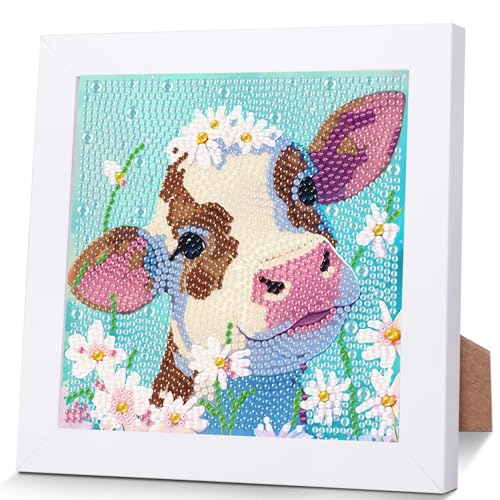 Kuh Diamond Painting Kinder Mit Holzrahmen,Set Full Diamant Painting Bilder Kinder Tiere,5D Diamond Painting Kinder Mädchen,DIY Mosaikherstellung Arts Craft für Home Wand Decor 18x18cm von Pujeknm