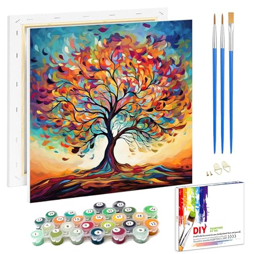 Pujeknm Malen Nach Zahlen Erwachsene Baum(mit Rahmen)-DIY Baum Handgemalt Ölgemälde Kit für Anfänger,Mit 2-Pinseln und Acrylfarbe Handgemalt öLgemäLde Kit Als Geschenk,Mittel 20x20cm von Pujeknm