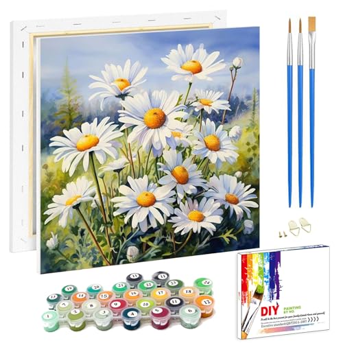 Pujeknm Malen Nach Zahlen Erwachsene Gänseblümchen(mit Rahmen)-DIY Blumen Handgemalt Ölgemälde Kit für Anfänger,Mit 2-Pinseln und Acrylfarbe Handgemalt öLgemäLde Kit Als Geschenk,Mittel 20x20cm von Pujeknm