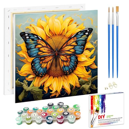 Pujeknm Malen Nach Zahlen Erwachsene Schmetterling(mit Rahmen)-DIY Sonnenblume Handgemalt Ölgemälde Kit für Anfänger,Mit 2-Pinseln und Acrylfarbe Handgemalt öLgemäLde Kit Als Geschenk,Mittel 20x20cm von Pujeknm