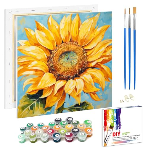 Pujeknm Malen Nach Zahlen Erwachsene Sonnenblume(mit Rahmen)-DIY Blumen Handgemalt Ölgemälde Kit für Anfänger,Mit 2-Pinseln und Acrylfarbe Handgemalt öLgemäLde Kit Als Geschenk,Mittel 20x20cm von Pujeknm