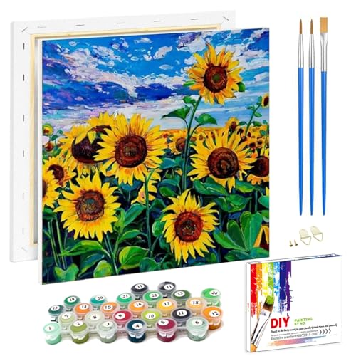 Pujeknm Malen Nach Zahlen Erwachsene Sonnenblume(mit Rahmen)-DIY Landschaft Handgemalt Ölgemälde Kit für Anfänger,Mit 2-Pinseln und Acrylfarbe Handgemalt öLgemäLde Kit Als Geschenk,Mittel 20x20cm von Pujeknm