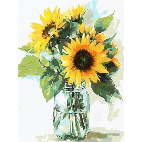 Pujeknm Malen Nach Zahlen Erwachsene Sonnenblume-DIY Vasenblume Handgemalt Ölgemälde Kit für Anfänger,Mit 3-Pinseln und Acrylfarbe Blume Handgemalt öLgemäLde Kit Als Geschenk 30x40cm(Rahmenlos) von Pujeknm