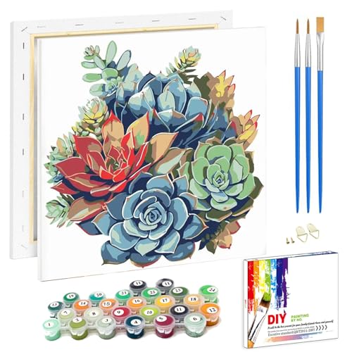 Pujeknm Malen Nach Zahlen Erwachsene Sukkulente(mit Rahmen)-DIY Pflanzen Handgemalt Ölgemälde Kit für Anfänger,Mit 2-Pinseln und Acrylfarbe Handgemalt öLgemäLde Kit Als Geschenk,Mittel 20x20cm von Pujeknm