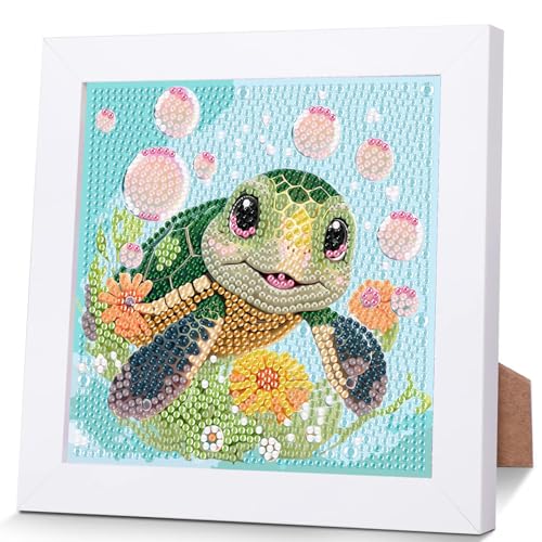 Schildkröten Diamond Painting Kinder Mit Holzrahmen,Set Full Diamant Painting Bilder Kinder Tiere,5D Diamond Painting Kinder Mädchen,DIY Mosaikherstellung Arts Craft für Home Wand Decor 18x18cm von Pujeknm