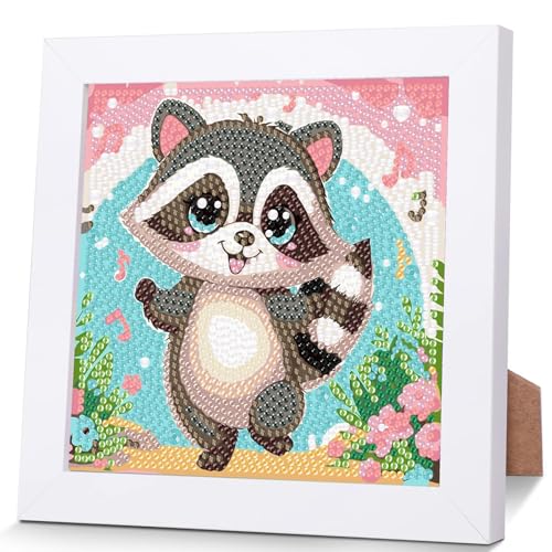 Waschbär Diamond Painting Kinder Mit Holzrahmen,Set Full Diamant Painting Bilder Kinder Tiere,5D Diamond Painting Kinder Mädchen,DIY Mosaikherstellung Arts Craft für Home Wand Decor 18x18cm von Pujeknm