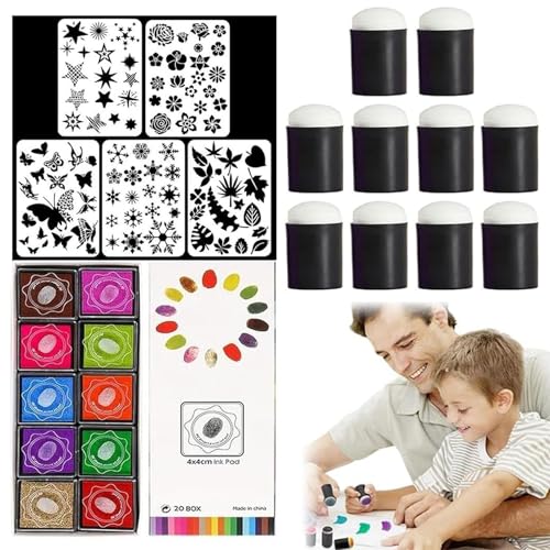 Coderafted DIY Sponge Finger Painting Set, Finger Sponge Daubers, Funny Finger Painting Kit, Finger Daubers Kit with 10 PCS Finger Painting Sponge, 5 PCS Stencils and 20 Colors Inkpad (Black) von Pukmqu