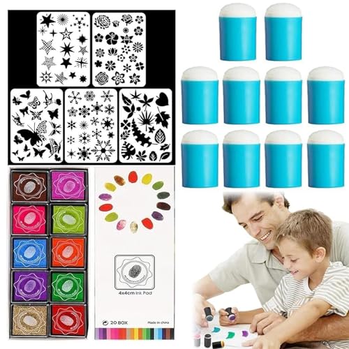 Coderafted DIY Sponge Finger Painting Set, Finger Sponge Daubers, Funny Finger Painting Kit, Finger Daubers Kit with 10 PCS Finger Painting Sponge, 5 PCS Stencils and 20 Colors Inkpad (Blue) von Pukmqu