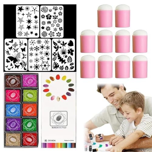 Coderafted DIY Sponge Finger Painting Set, Finger Sponge Daubers, Funny Finger Painting Kit, Finger Daubers Kit with 10 PCS Finger Painting Sponge, 5 PCS Stencils and 20 Colors Inkpad (Pink) von Pukmqu