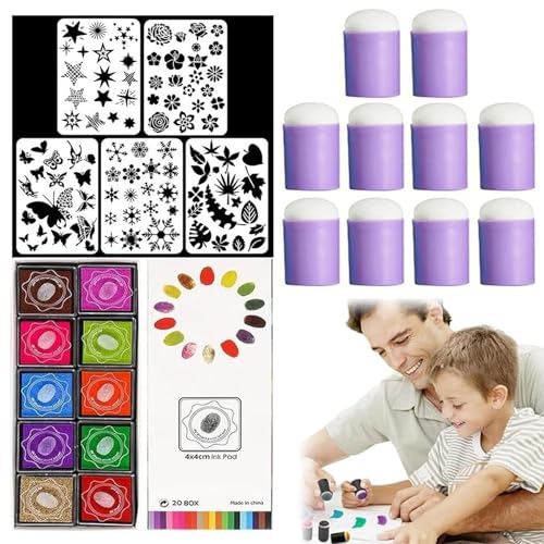 Coderafted DIY Sponge Finger Painting Set, Finger Sponge Daubers, Funny Finger Painting Kit, Finger Daubers Kit with 10 PCS Finger Painting Sponge, 5 PCS Stencils and 20 Colors Inkpad (Purple) von Pukmqu