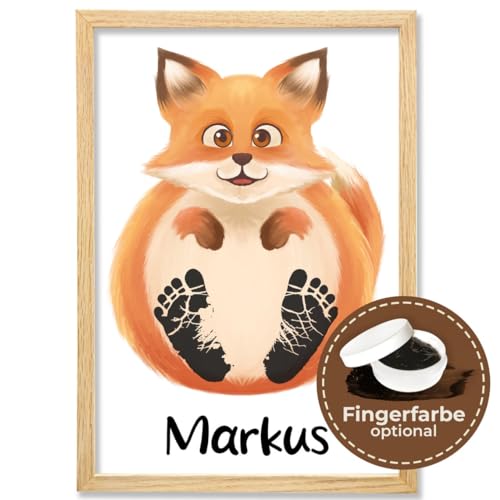 Baby Fussabdruck Set Bild mit Fuchs Motiv – Süßes Baby Geschenk & Kinderzimmer Deko – Personalisiertes Baby Abdruckset ist perfekt als Personalisierte Geschenke Baby – Rahmen & Farbe Optional von PULSE of HOME