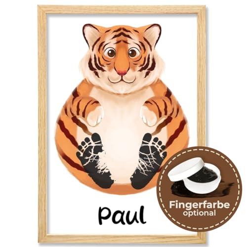 Baby Fussabdruck Set Bild mit Tiger Motiv – Süßes Baby Geschenk & Kinderzimmer Deko – Personalisiertes Baby Abdruckset ist perfekt als Personalisierte Geschenke Baby – Rahmen & Farbe Optional von PULSE of HOME