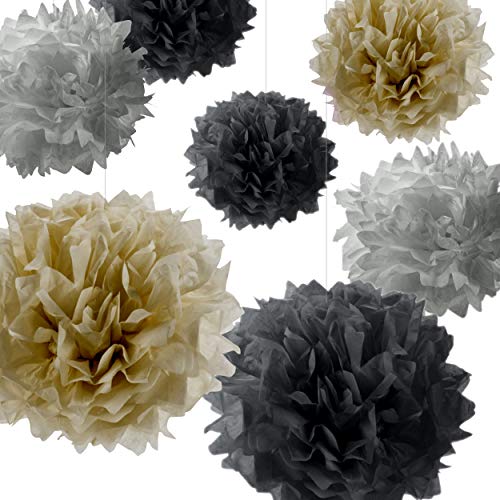 Pumpko® Decor 10 Seidenpapier Pompons | Deko für Party Hochzeit | Gold Silber Grau-Schwarz | Inklusive Ponpon PDF Aufbauanleitung von Pumpko