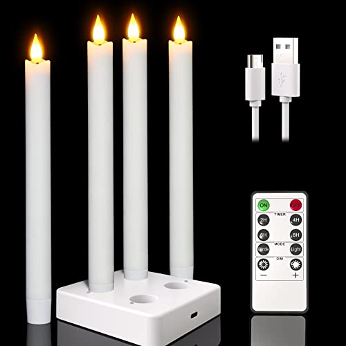 Punasi Wiederaufladbare LED Stabkerzen mit Fernbedienung und Timer, 4er Set Echtwachs Elektrische LED Kerzen Aufladbar Flackernde Flamme mit Ladestation für Wohnzimmer Halloween Weihnachten Deko von Punasi