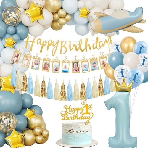 1. Geburtstag Junge Deko, Luftballons 1. Geburtstag, Geburtstagsdeko 1 Jahr Sandweiß Blau Gold Luftballons, Erster Geburtstag Ballons mit Happy Birthday Banner Torte Deko für Kindergeburtstag Deko von Puosike