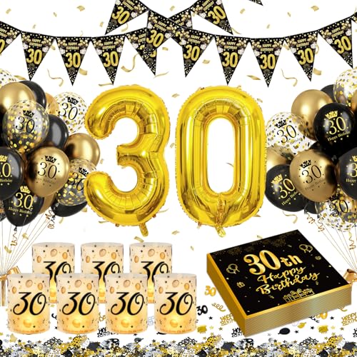 30 Geburtstagsdeko, Deko 30 Geburtstag Frauen Männer, Party Deko Happy Birthday Deko Banner, Konfetti und Schwarz Gold Geburtstagsdeko Luftballons, 6 Windlicht Tischdeko, 30 Geburtstagsdeko Luftballon von Puosike