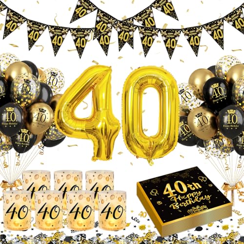 40 Geburtstagsdeko, Deko 40 Geburtstag Frauen Männer, Party Deko Happy Birthday Deko Banner, Konfetti und Schwarz Gold Geburtstagsdeko Luftballons, 6 Windlicht Tischdeko, 40 Geburtstagsdeko Luftballon von Puosike