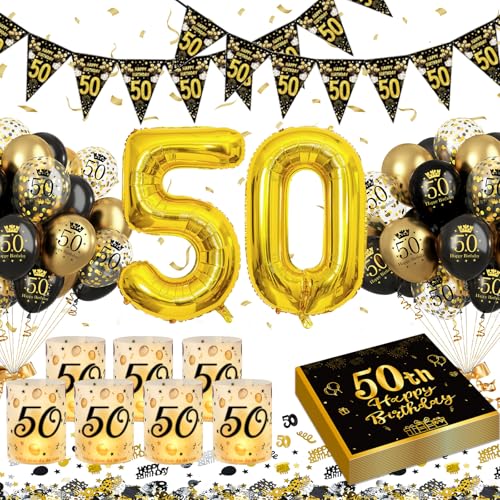 50 Geburtstag Deko, 50. Geburtstag Frau Mann, Party Deko Happy Birthday Deko Banner, Konfetti und Schwarz Gold Geburtstagsdeko Luftballons, 6 Windlicht Tischdeko, 50 Geburtstag Deko Luftballons von Puosike