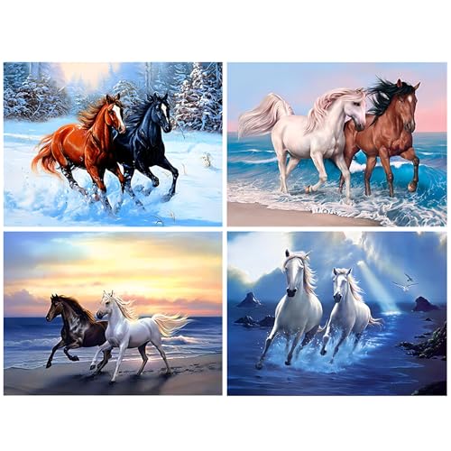 Diamond Painting Erwachsene, 4 Pcs Diamond Painting Kinder, Diamond Painting Pferd-5D Diamant Painting Bilder mit Diamond Painting Zubehör für Wohnzimmer Schlafzimmer Wand Dekoration(30x40cm) von Puosike