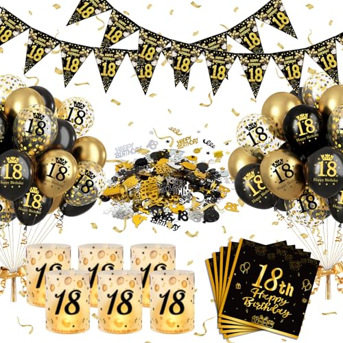 18 Geburtstag Deko Schwarz Gold, 18. Geburtstag Junge mädchen Happy Birthday Deko Banner, Konfetti und Geburtstagsdeko 18. Luftballons, 6 Windlicht Tischdeko, 18 Geburtstag Partyzubehörsets von Puosike