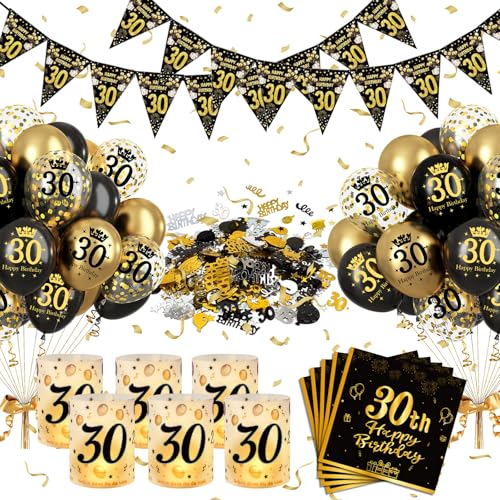 30 Geburtstag Deko Schwarz Gold, 30. Geburtstag Männer Frauen Happy Birthday Deko Banner, Konfetti und Geburtstagsdeko 30. Luftballons, 6 Windlicht Tischdeko, 30 Geburtstag Partyzubehörsets von Puosike