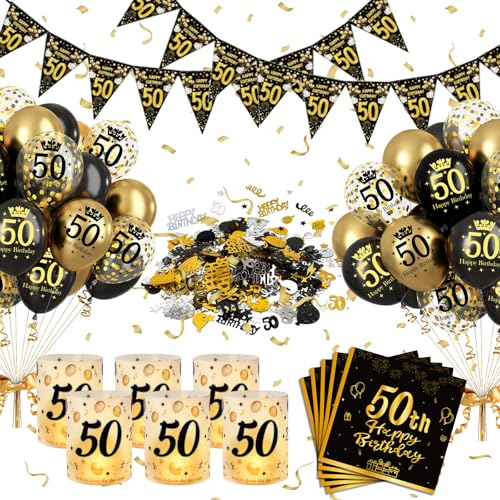 50 Geburtstag Deko Schwarz Gold, 50. Geburtstag Männer Frauen Happy Birthday Deko Banner, Konfetti und Geburtstagsdeko 50. Luftballons, 6 Windlicht Tischdeko, 50 Geburtstag Partyzubehörsets von Puosike